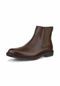 Braune Leder Chelsea-Stiefel mit elastischen Seitenpaneelen, runder Zehenpartie und niedrigem Absatz. Die Sohle ist aus schwarzem Gummi mit sichtbaren Nahtakzenten.