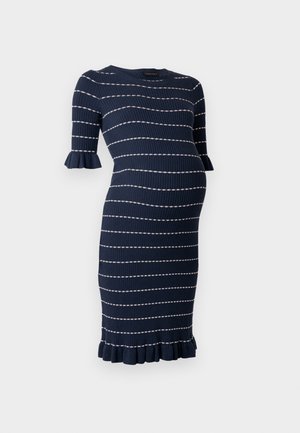 Maternity dress in navy blue ribbed fabric with white horizontal stripes. Features short ruffled sleeves and a fitted silhouette.