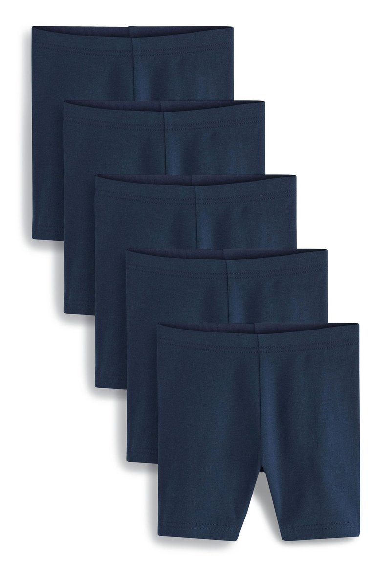 Marineblaue Stretchbaumwollshorts im Fünferpack mit glatter Textur, elastischem Bund und nahtlosem Design. Ohne Muster oder Verzierungen.