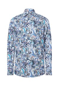 Langarmshirt mit einem floralen Paisleymuster in Blau, Marineblau und Orange auf einem hellblauen Hintergrund, aus leichtem Stoff gefertigt.