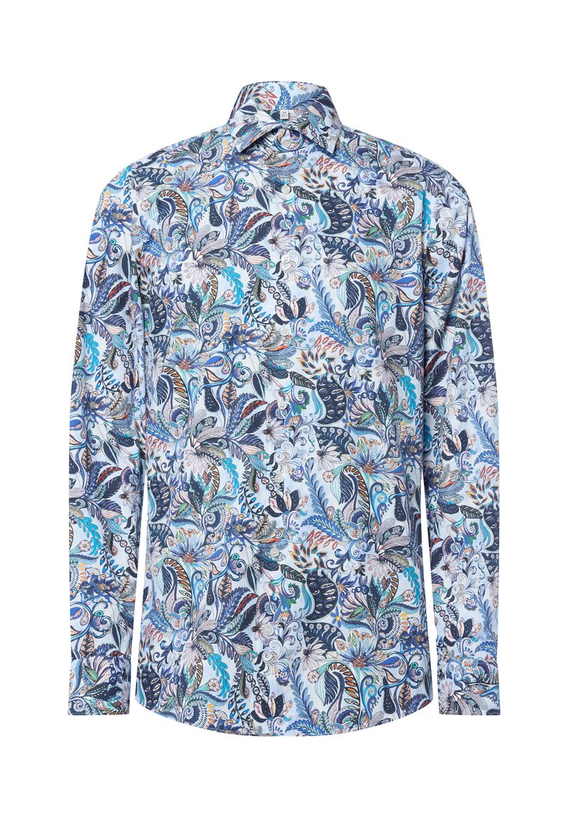 Langarmshirt mit einem floralen Paisleymuster in Blau, Marineblau und Orange auf einem hellblauen Hintergrund, aus leichtem Stoff gefertigt.