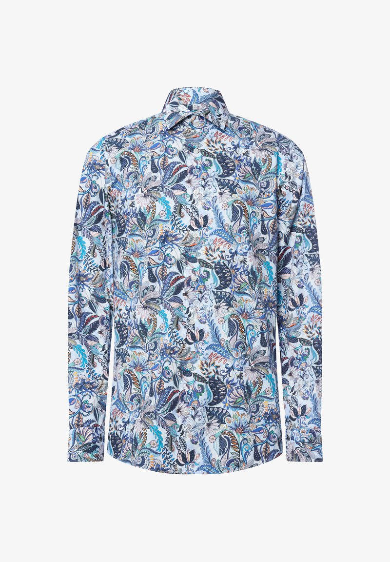 Langarmshirt mit einem floralen Paisleymuster in Blau, Marineblau und Orange auf einem hellblauen Hintergrund, aus leichtem Stoff gefertigt.