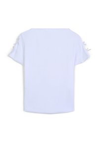 Top bianco a maniche corte con vestibilità rilassata, caratterizzato da dettagli in nastro sulle spalle, realizzato in un tessuto morbido e leggero.