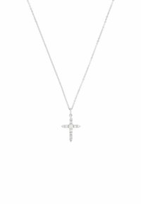 Collar de plata con un colgante de cruz, que presenta una perla central y pequeñas piedras, colgando de una delicada cadena.