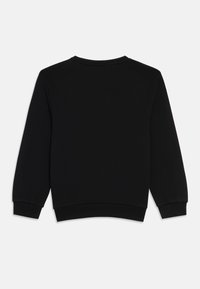 Felpa nera con scollo rotondo, maniche lunghe, polsini e orlo a costine. Texture liscia senza motivi o dettagli visibili. Vista posteriore mostrata.