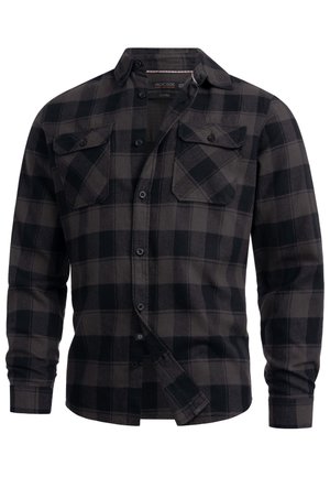 Schwarzes und graues karierte Flanellhemd mit langen Ärmeln, zwei vorderen Taschen und Knopfleiste. Weiche Textur mit lässiger Passform.