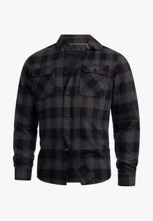 Schwarzes und graues karierte Flanellhemd mit langen Ärmeln, zwei vorderen Taschen und Knopfleiste. Weiche Textur mit lässiger Passform.