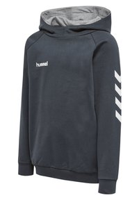 Hoodie in donker marineblauw met een grijze binnenvoering. Bevat een wit logo en chevronstreepjes op de linkermouw. Gemaakt van een katoenmix.