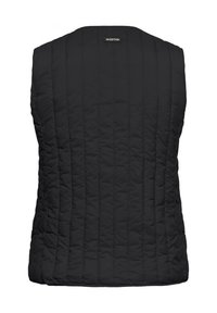 Veste sans manches noire matelassée avec des coutures verticales et une petite étiquette IW.EDITION centrée dans le haut du dos.