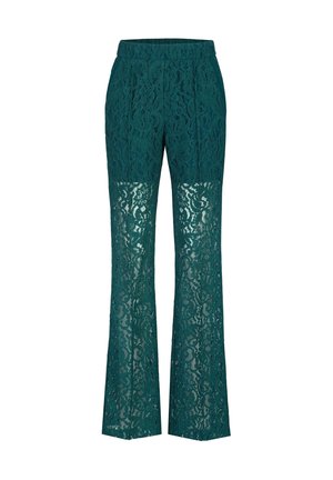 Donkergroene kanten broek met hoge taille, bloemenpatroon en een halfdoorzichtige onderste helft.