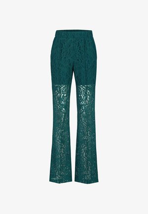 Dunkelgrüne, hoch taillierte Spitzenhose mit floralem Muster und einem halbtransparenten unteren Bereich.