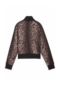 Καφέ και μαύρο σακάκι με λεοπάρ μοτίβο και μακριά μανίκια, με μαύρο ριπ γιακά, μανσέτες και ζώνη στη μέση, εμφανίζεται από πίσω σε λευκό φόντο.