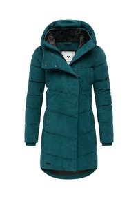 Teal puffjacka med ett strukturerat, ribbat tyg; har en huva, sned stygn, dubbel knappstängning och två sidofickor.