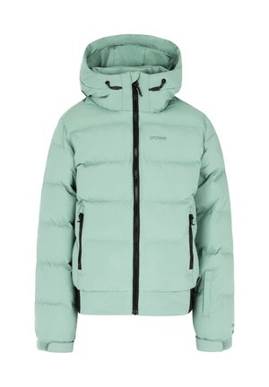 Doudoune vert menthe avec capuche, dotée d'une fermeture éclair frontale, de deux poches latérales et de zips et accents noirs contrastants.