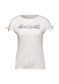 Weißes T-Shirt mit kurzen Ärmeln, das ein strukturiertes Muster aufweist und mit "NEW LINES" in Blau und Schwarz bedruckt ist. Krawatten an den Ärmeln für eine verstellbare Passform.