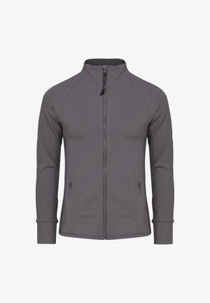 Grijze jas met rits, hoge kraag, lange mouwen en voorzakken met rits. Glad oppervlak met raglanmouwen voor een aansluitende pasvorm.