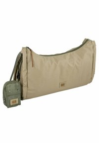 Beige lærred skuldertaske med en grøn lynl�ås og detaljer, der har en tekstureret overflade. Inkluderer en lille aftagelig grøn pung.