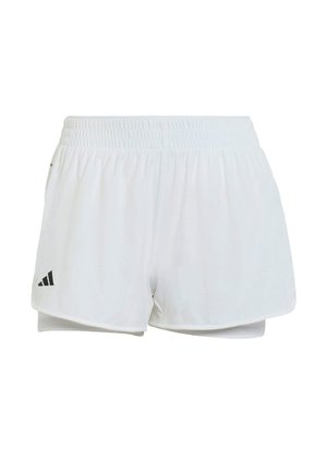 Witte sportshorts met elastische tailleband en zwart Adidas-logo aan de linkerzoom, ontworpen voor sport of casual gebruik.