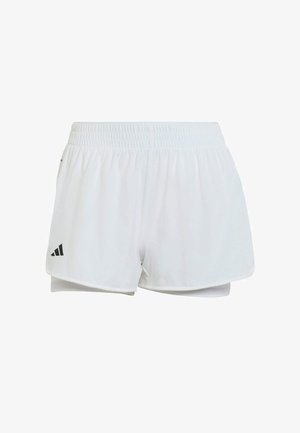 Witte sportshorts met elastische tailleband en zwart Adidas-logo aan de linkerzoom, ontworpen voor sport of casual gebruik.