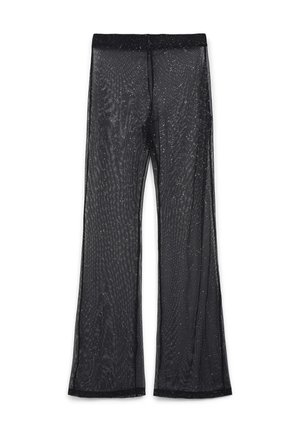 Pantaloni larghi neri trasparenti con un motivo glitterato, vita elastica e una finitura testurizzata, che offrono un design leggero e traspirante.