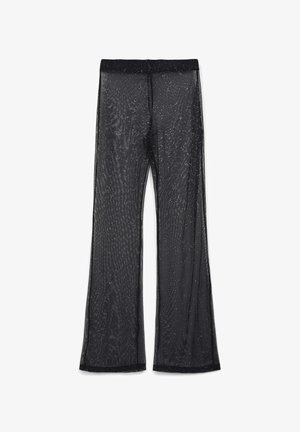 Pantaloni larghi neri trasparenti con un motivo glitterato, vita elastica e una finitura testurizzata, che offrono un design leggero e traspirante.