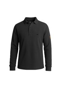 Zwarte langwerpige polo met een textured stof, een drieknoopsluiting, een klein berenlogo op de borst en een merkpatch op de mouw.