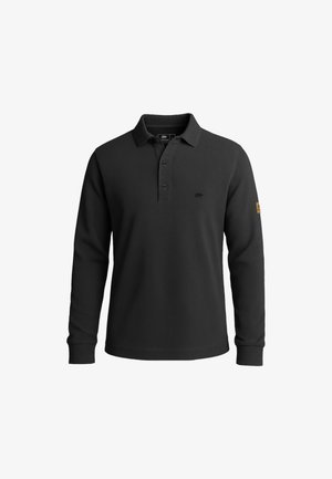 Schwarzes Langarm-Polohemd aus strukturiertem Stoff, mit einer Drei-Knopf-Leiste, einem kleinen Bärenlogo auf der Brust und einem markierten Patch am Ärmel.