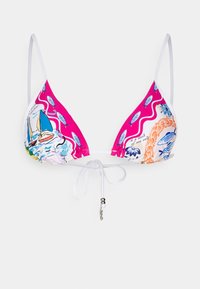 Trojuholníkový bikiny top v ružovej farbe s rôznymi námornými potlačami a vzormi rýb. Obsahuje nastaviteľné biele ramienka a viazanie so kovovými akcentmi.