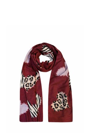 Red and black animal print scarf featuring leopard and zebra patterns, smooth texture, lightweight fabric, and a flowing design.