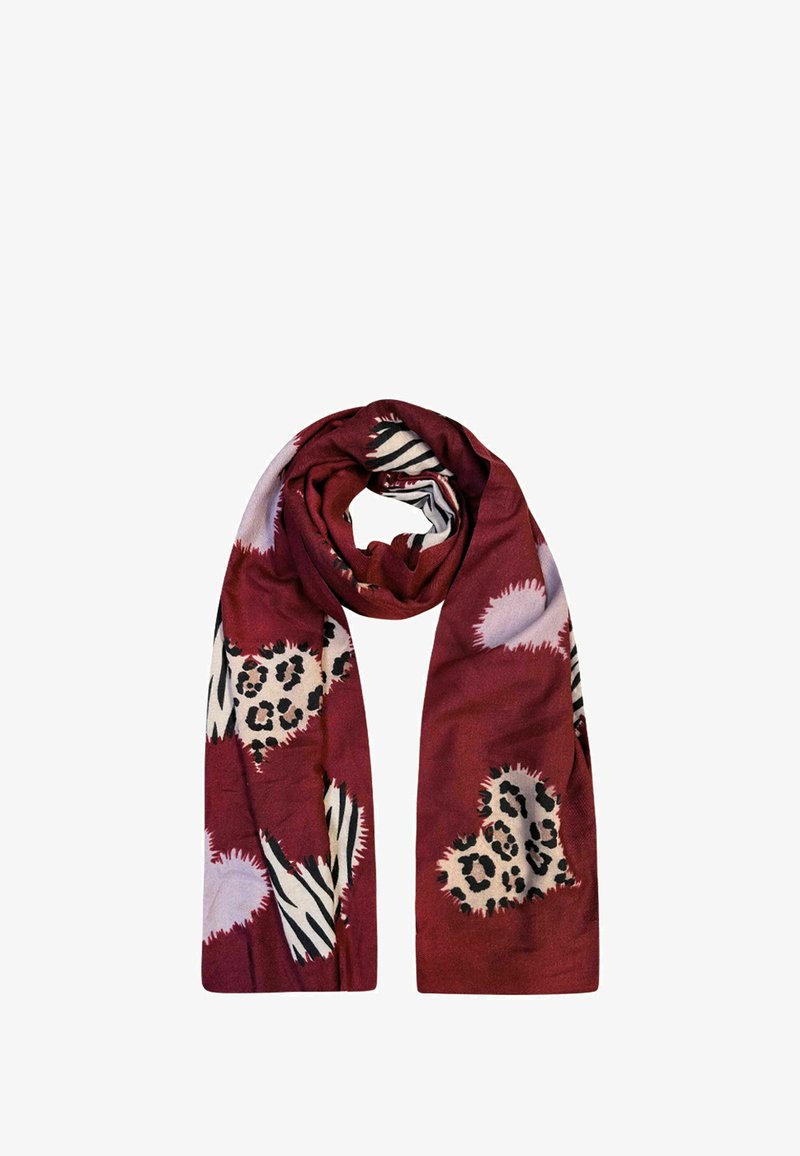 Red and black animal print scarf featuring leopard and zebra patterns, smooth texture, lightweight fabric, and a flowing design.