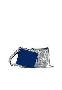 Snake-print crossbody bag in white and black with a silver chain strap; includes a blue cardholder with embossed logo.