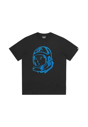 T-shirt noir à manches courtes avec un motif bleu d'un casque d'astronaute centré sur le devant.