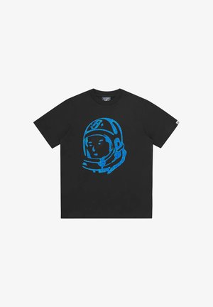 Maglietta nera a maniche corte con una grafica blu di un casco da astronauta centrata sul davanti.