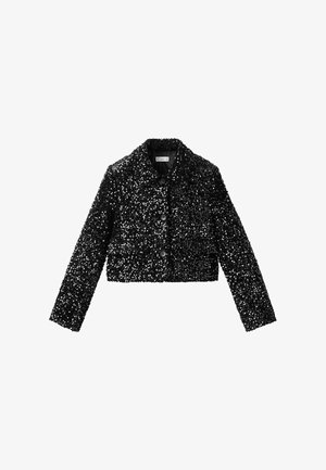 Veste noire raccourcie recouverte de petites paillettes, avec un col, des manches longues et trois boutons à l'avant. Surface texturée.
