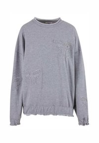 Gray sweatshirt with a crew neck and long sleeves. Features embroidered butterfly designs and a gathered hem. Made of soft fabric.