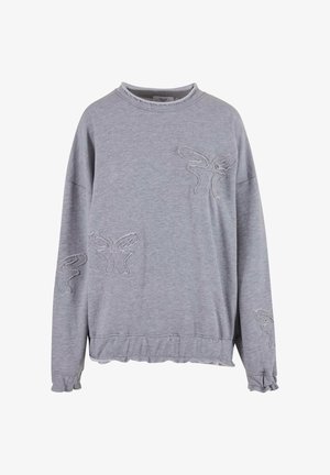 Grijze sweatshirt met een ronde hals en lange mouwen. Bevat geborduurde vlinderontwerpen en een geraffineerde zoom. Gemaakt van zachte stof.