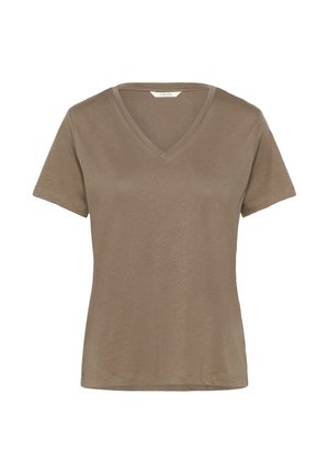 Brun kortærmet V-hals t-shirt lavet af blødt stof. Simpelt design med en afslappet pasform og ingen synlige mønstre eller udsmykninger.