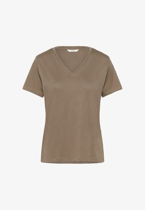 T-shirt marron à manches courtes et décolleté en V, fabriqué en tissu doux. Design simple avec une coupe décontractée et sans motifs ni embellissements visibles.