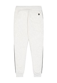 Sive trenirke z mehko teksturo, elastičnim pasom in črnimi stranskimi črtami. Imajo eno zadnjo žep in zožene manšete.