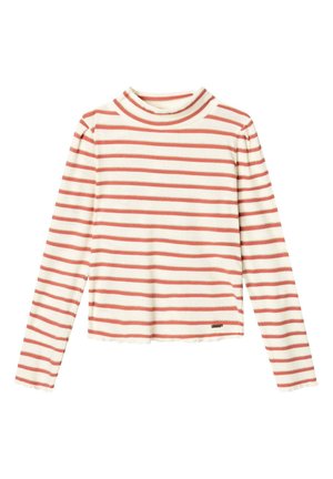 Langärmliges, geripptes Shirt mit rosa-weißen horizontalen Streifen und einem leicht erhöhten Rundhalsausschnitt auf einer flachen Oberfläche.