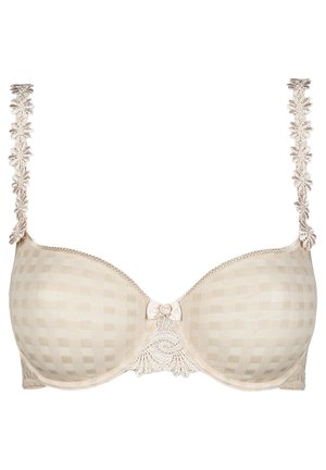 Beige padded bra with a checked pattern, embroidered lace shoulder straps, and a decorative bow at the center. Delicate lace detailing.