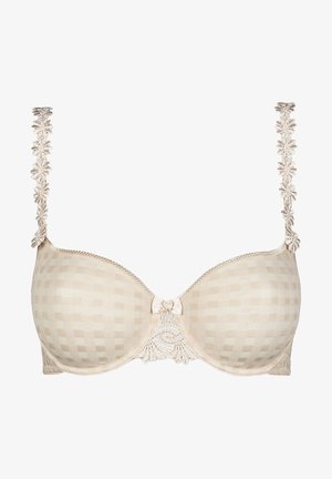 Beige gepolsterter BH mit kariertem Muster, bestickten Spitzen-Schulterträgern und einer dekorativen Schleife in der Mitte. Zarte Spitzenverzierungen.