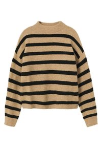 Beige gebreide trui met zwarte horizontale strepen, voorzien van een hoge hals en een losse pasvorm. Geribbelde manchetten en zoomdetails voor textuur.