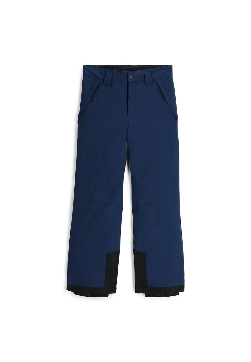 Pantaloni da sci blu navy con taglio dritto, polsini neri rinforzati alle caviglie e multiple tasche con chiusura a zip e tessuto testurizzato.