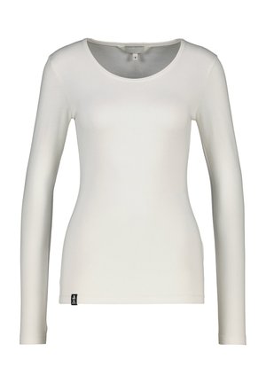 Weißes, langärmeliges, tailliertes Hemd mit rundem Ausschnitt und kleinem schwarzem Etikett am unteren linken Saum.