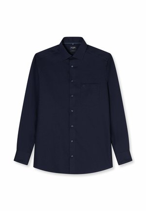 Herren-Hemd in Marineblau mit langen Ärmeln, Knopfleiste, spitzem Kragen und Brusttasche, flach auf weißem Hintergrund dargestellt.