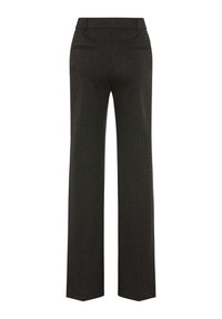 Donker gestreepte broek met een rechtlijnig ontwerp, met een platte voorkant, twee achterzakken en een getailleerde pasvorm. Gemaakt van gestructureerde stof.