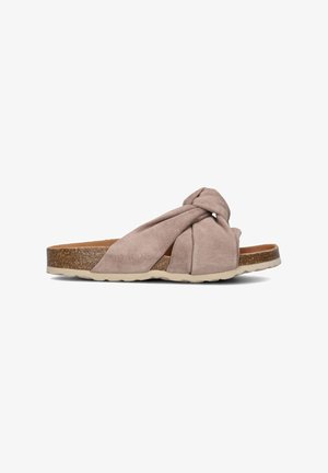 Lichtbeige suède slide sandaal met een geknoopt bovenwerk, kurkachtige tussenzool en een gestructureerde rubberen buitenzool voor grip.