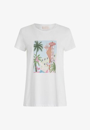 T-shirt bianco in cotone con una grafica colorata a tema Miami, completa di palme, un'insegna vintage e una figura stilizzata che indossa pattini a rotelle.