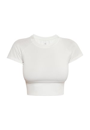 Hvid cropped t-shirt lavet af et glat, strækbart stof. Har korte raglanærmer og en rund halsudskæring. Enkel, ensfarvet design.